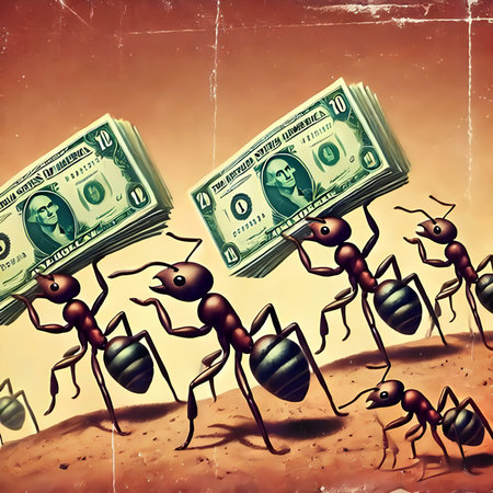 Ants carrying money on a grunge background. Business concept.の素材