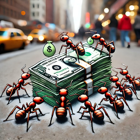 Many ants crawling on a pile of dollars. 3D rendering.の素材