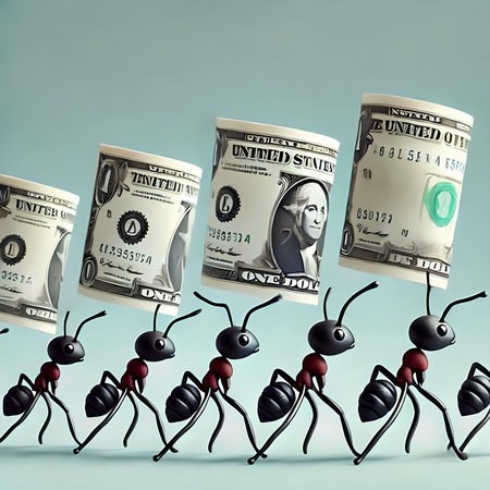 Ants walking on a pile of dollars. 3D illustration.の素材