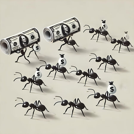 Ants and dollar bills on a gray background. Vector illustration.の素材