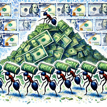 Ants in a pile of money. Vector illustration of ants and moneyの素材