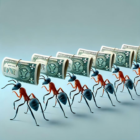 Conceptual image of a group of ants carrying dollar bills.の素材