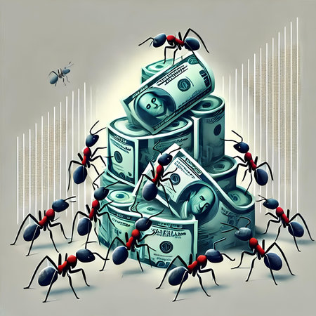 Ants build a pyramid of dollars. Conceptual vector illustration.の素材