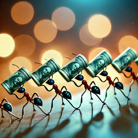 Team of ants carrying money on a wooden table with bokeh backgroundの素材