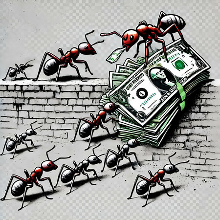 Ants and money. Black and white drawing. Vector illustration.の素材