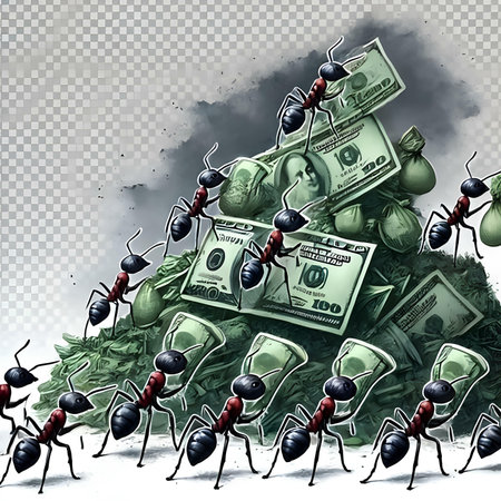 Conceptual 3D illustration of a group of ants carrying a large pile of moneyの素材