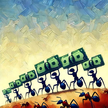 Team of ants carrying money on their backs. Conceptual illustration.の素材
