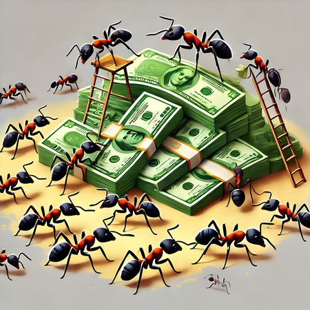 Ants and money on a white background. 3D illustration.の素材