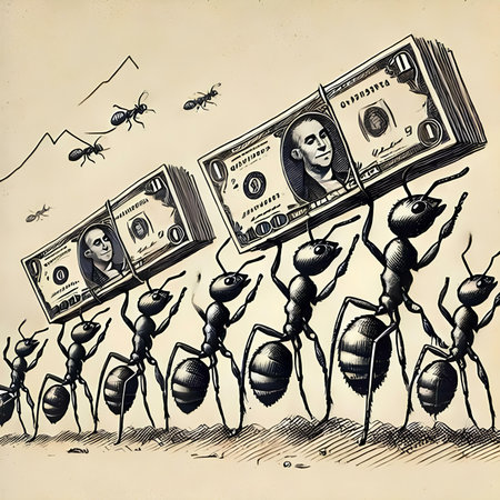 Ants and dollars. Hand drawn illustration in sketch style. vector.の素材