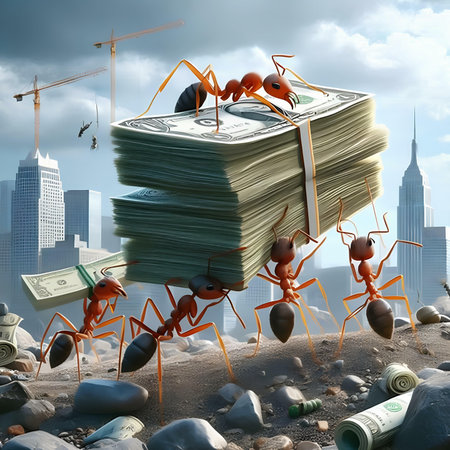 Conceptual image of ants carrying money in form of dollar billsの素材