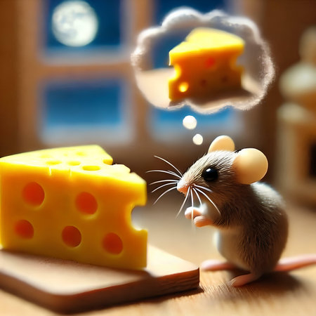 mouse and cheese on a wooden table. food and drink concept.の素材