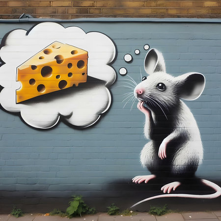 Mural art in the shape of a mouse and a piece of cheeseの素材