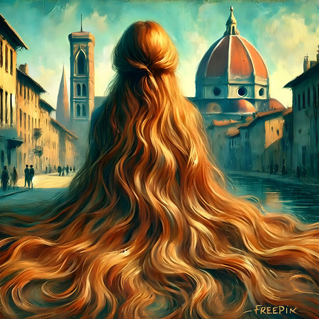 Beautiful girl with long hair in Venice, Italy. Digital painting.の素材