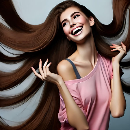 Portrait of a beautiful young woman with long brown hair. Beauty, fashion.の素材