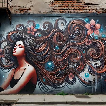 Beautiful girl with long hair on graffiti background. Street art concept.の素材