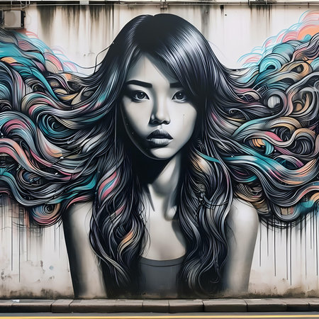 Portrait of a beautiful girl with long hair on a graffiti background.の素材