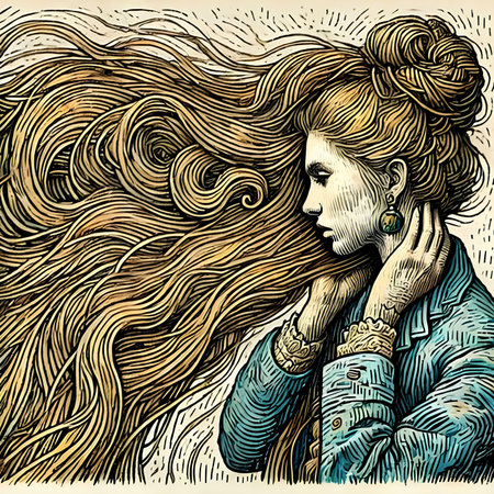 Young beautiful woman with long wavy hair. Vector vintage illustration.の素材