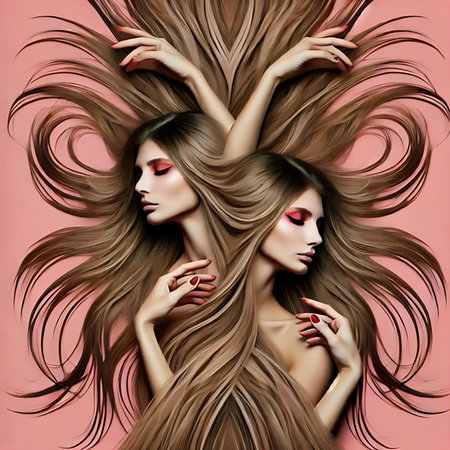 Beautiful girl with long hair on a pink background. Fashion illustration.の素材