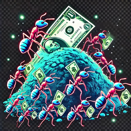 Ants and money. Vector illustration on a dark transparent background.の素材