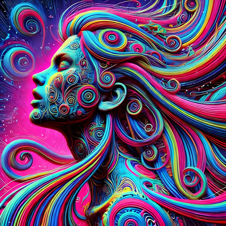 Abstract woman face with colorful hair. Psychedelic vector illustration.の素材