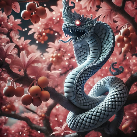 Chinese zodiac dragon on a tree branch with berries, 3D renderingの素材