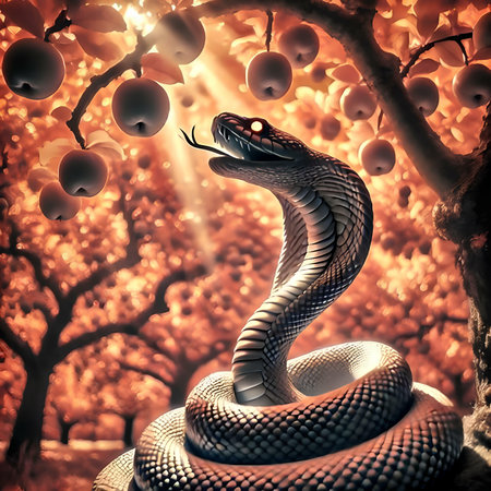 3D rendering of a snake in an autumn forest.の素材