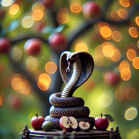 Cobra snake on a tree with apples and bokeh backgroundの素材