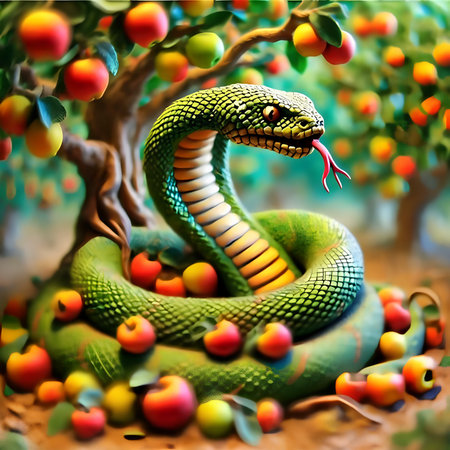 snake on the tree in the orchard,3d illustrationの素材