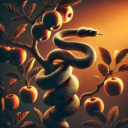 3d rendering of a snake on a branch of apple tree with applesの素材
