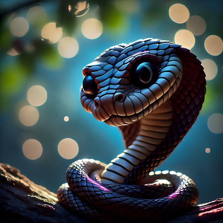 Cute little snake with blue eyes in a dark room with bokehの素材