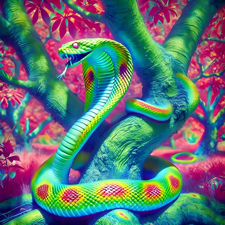 3D illustration of a colorful snake on a tree in the forestの素材