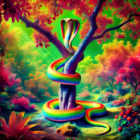 Snake on a tree in the autumn forest. 3D illustration.の素材