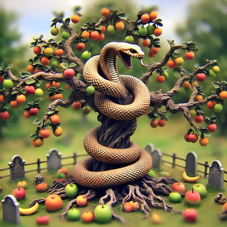 Snake on an apple tree in the garden. 3D illustration.の素材