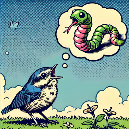 Retro style illustration of a little bird with a caterpillar.の素材