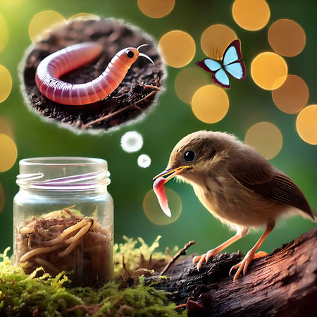 Cute bird and worm in the jar with bokeh backgroundの素材
