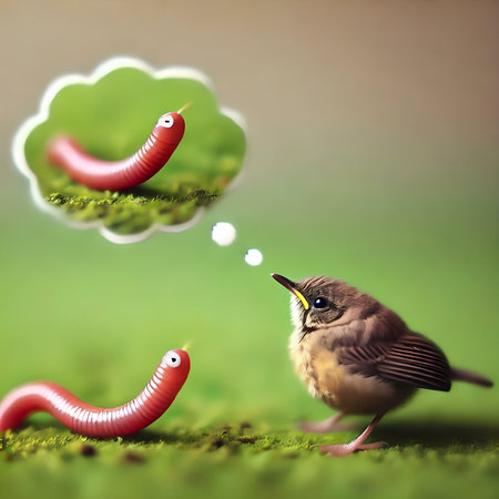 Little bird with worm on green grass background, nature and environment conceptの素材
