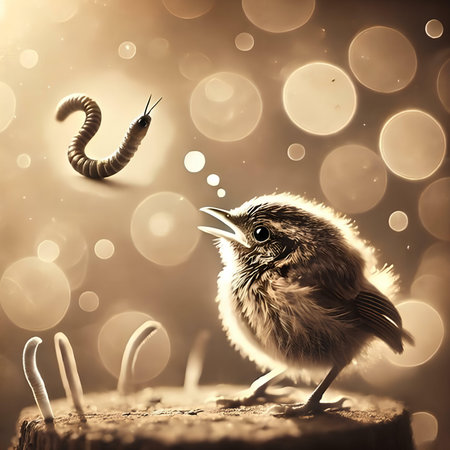 Little bird and worm on bokeh background with copy space.の素材