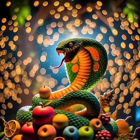 Green snake with fruit and bokeh background. Halloween concept.の素材
