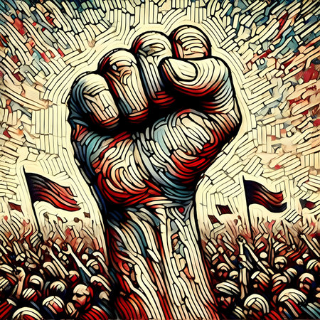 Fist raised up on abstract background. Grunge vector illustration.の素材