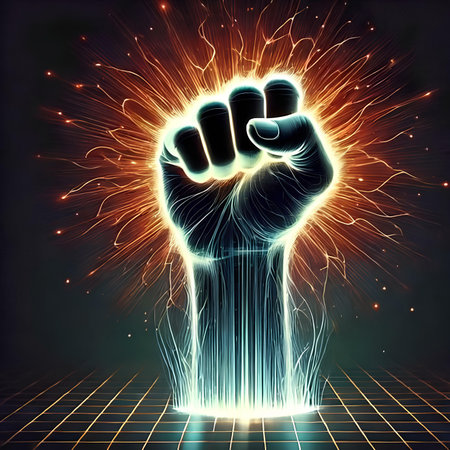 Fist in electric light. Power and energy concept. Vector illustration.の素材
