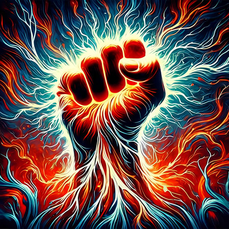 Fist in the fire. Illustration of power and strength.の素材