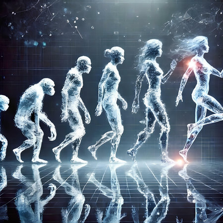 Composite image of 3d rendering people running over dark backgroundの素材