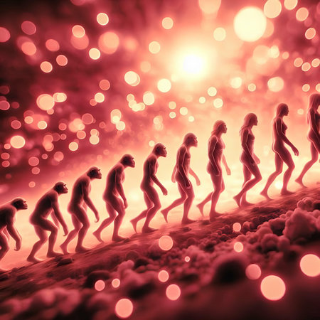 Surreal 3d illustration of a group of running people with red lights in the backgroundの素材