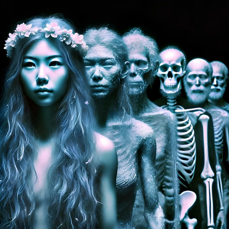 Artistic image of a group of people with skeleton in the background.の素材