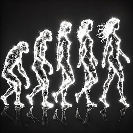 Silhouette of a group of people with a light effect.の素材