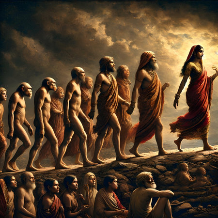 Digital illustration of a group of people standing in a row in a caveの素材