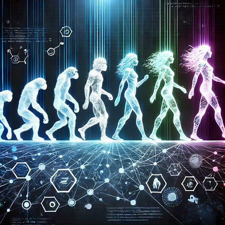 Silhouettes of running people against futuristic glowing background. 3D renderingの素材