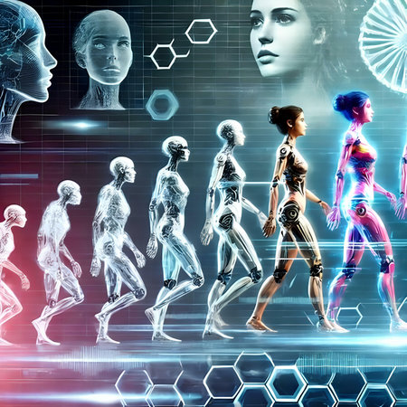 Futuristic cyborgs and human body in cyberspaceの素材