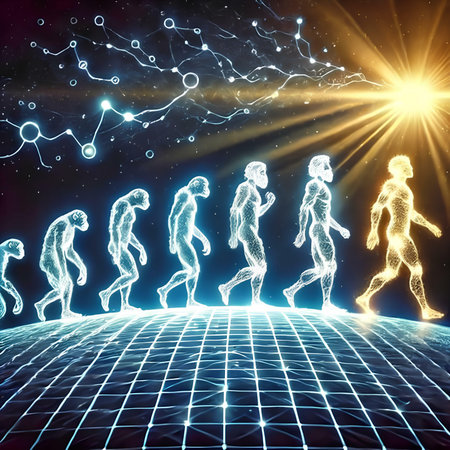 Silhouettes of people running in space. Futuristic background.の素材