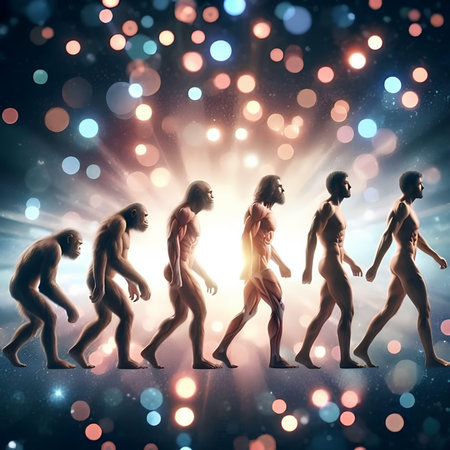 Composite image of male and female figures against glowing spotlightsの素材